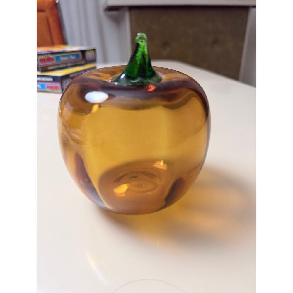 Vintage Amber Art Glass Pumpkin Figurine Hand Blown Green Stem 1960s
